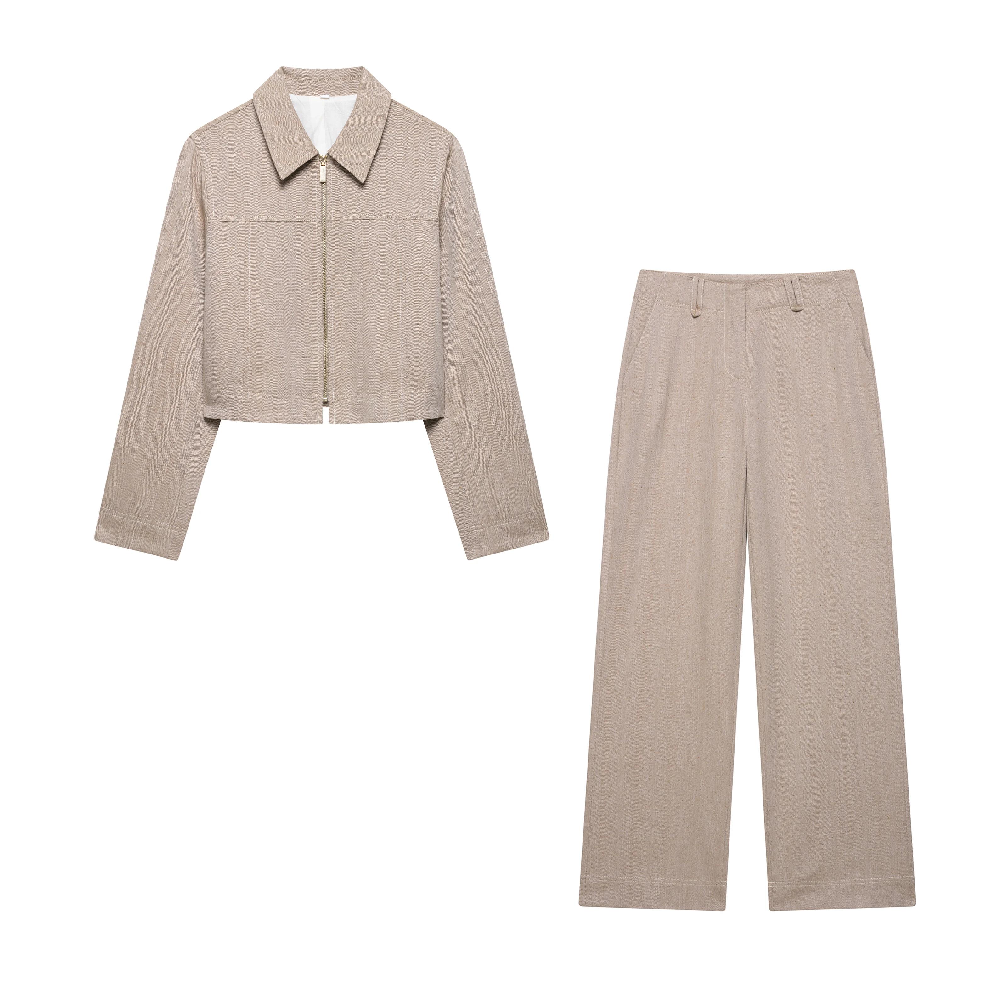 Ensemble pantalon décontracté pour femmes, fermeture éclair à revers, haut court, pantalon droit, co