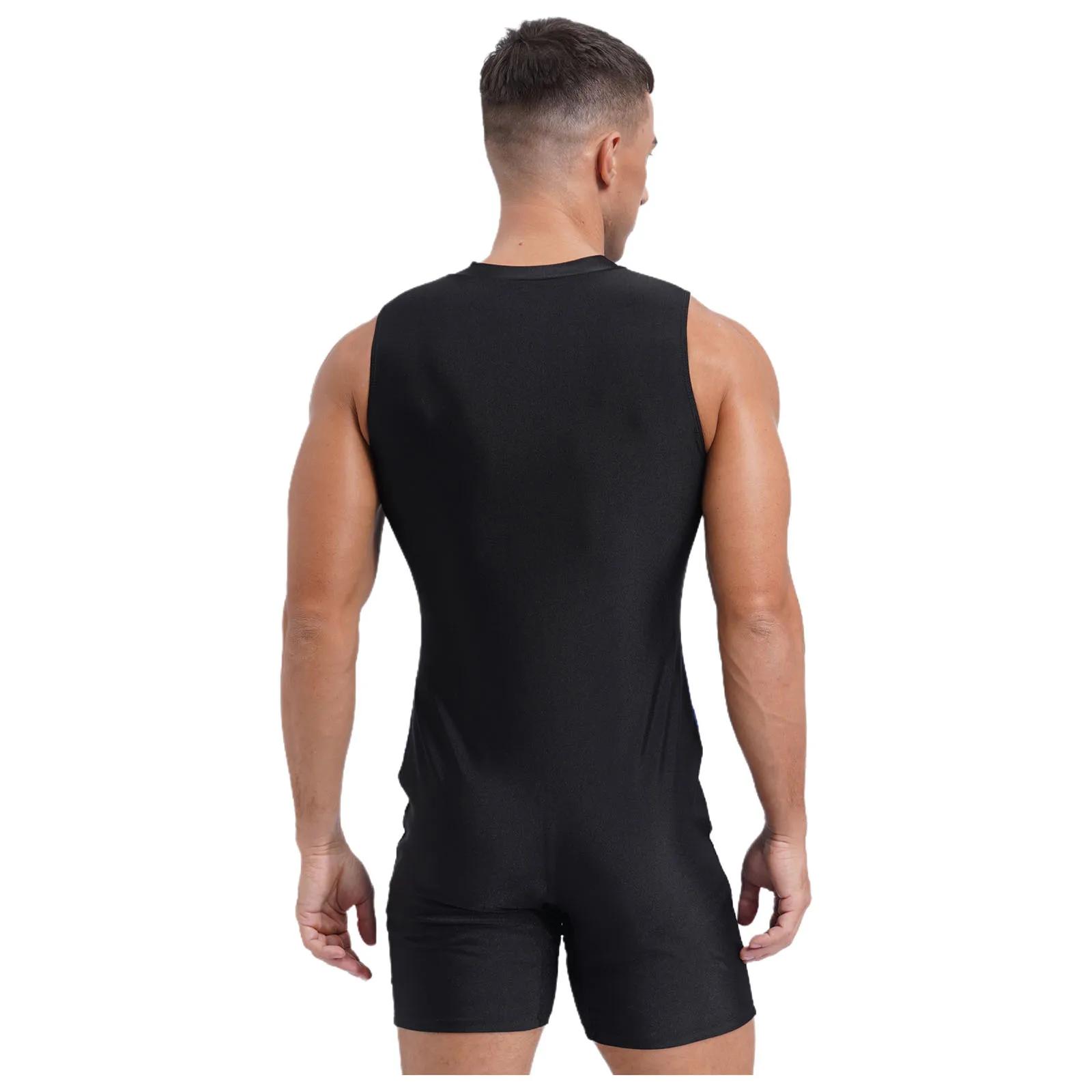 Maillot de bain une pièce pour hommes, bloc de couleurs, col rond, sans manches, fermeture éclair su