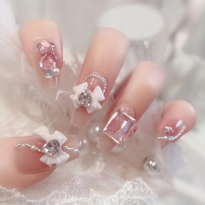 24 pièces faux ongles mi-longs 3D fleur perle conçoit couleur rose chair presse sur ongles ballerine