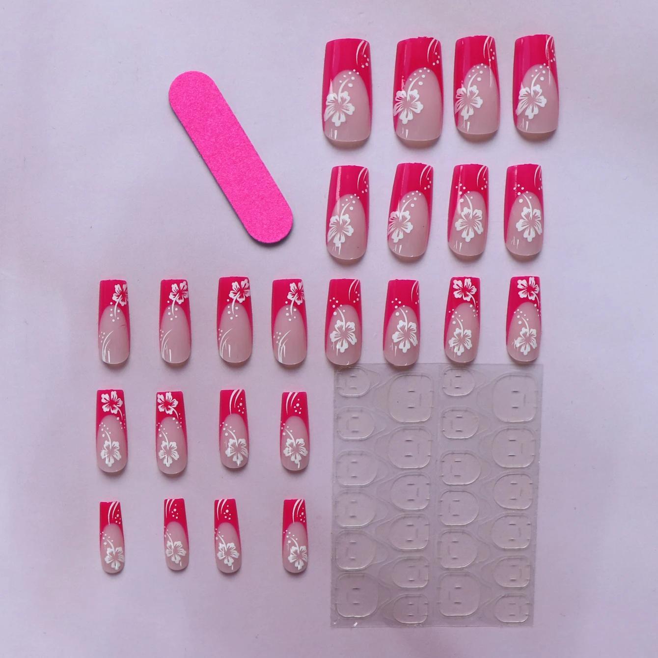 24 faux ongles en forme de cercueil imprimé rouge fleur de cerisier douce, couverture complète, blan