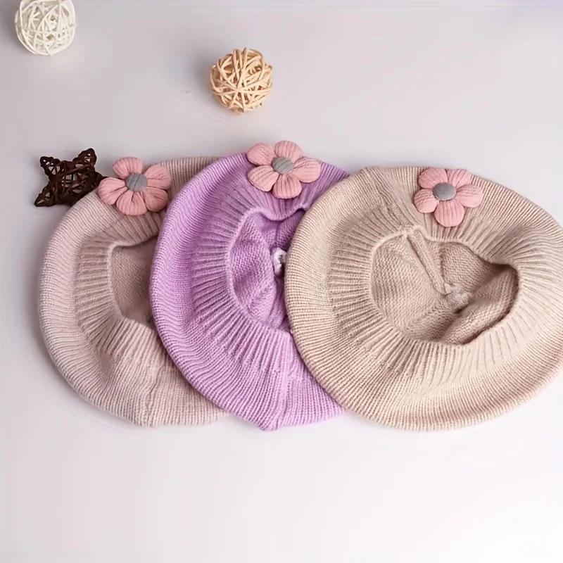 Béret à fleurs pour bébé, bonnet tricoté chaud d'hiver pour nourrissons filles, casquettes de peintr