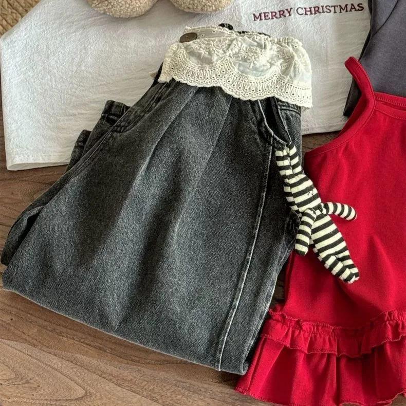 UNITIM Jeans amples en denim pour filles de 2 à 8 ans, avec patchwork en dentelle, pantalon droit dé