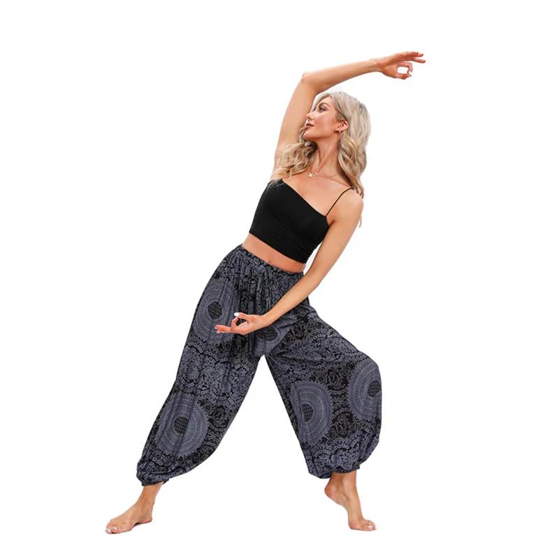 Pantalon de yoga style bohème pour femmes, taille haute, imprimé, embau, tenue de plage