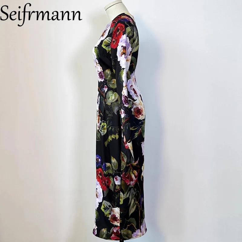 Seifrmann – robe en soie pour femmes, Style Sexy, manches longues, imprimé Vintage, coupe cintrée, p