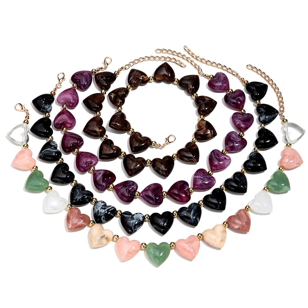 Collier ras du cou en perles de cœur en acrylique pour femmes, mignon, en résine géométrique en form