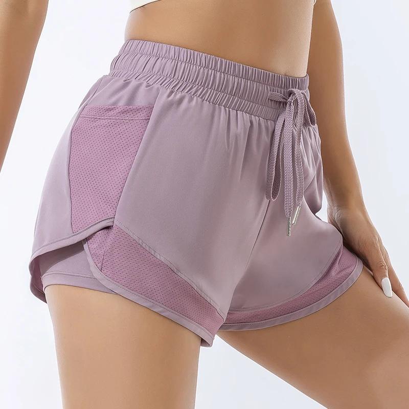Short de sport ample taille haute pour femmes, double couche, anti-éblouissement, pantalon de fitnes