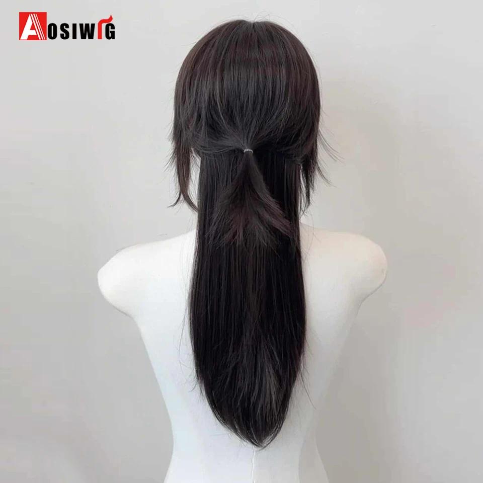 AOSI – perruque synthétique longue et lisse noire, tête de mulet, queue de loup, couches moelleuses 