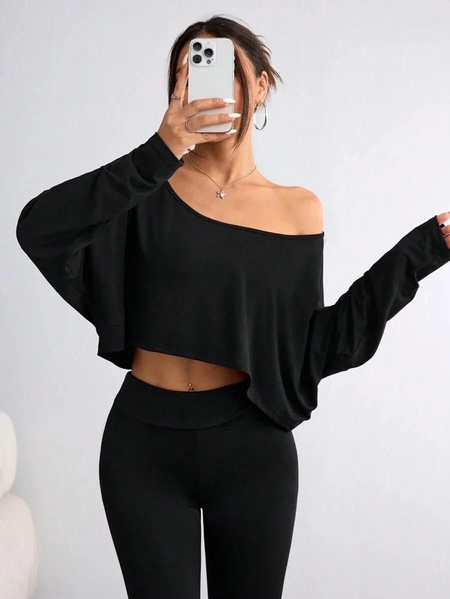 Chemisier noir à manches longues pour femmes, T-shirt décontracté, col asymétrique, haut sans bretel