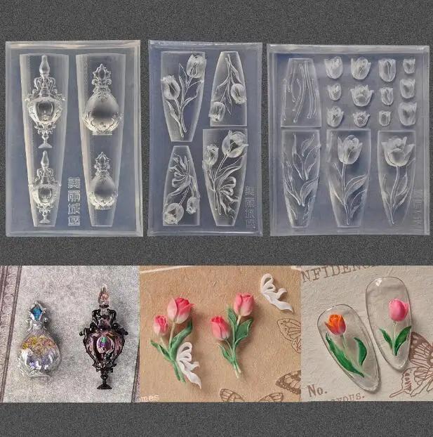 1pc Rose tulipe Lotus 3D acrylique moule muguet Nail Art décorations ongles bricolage conception Sil