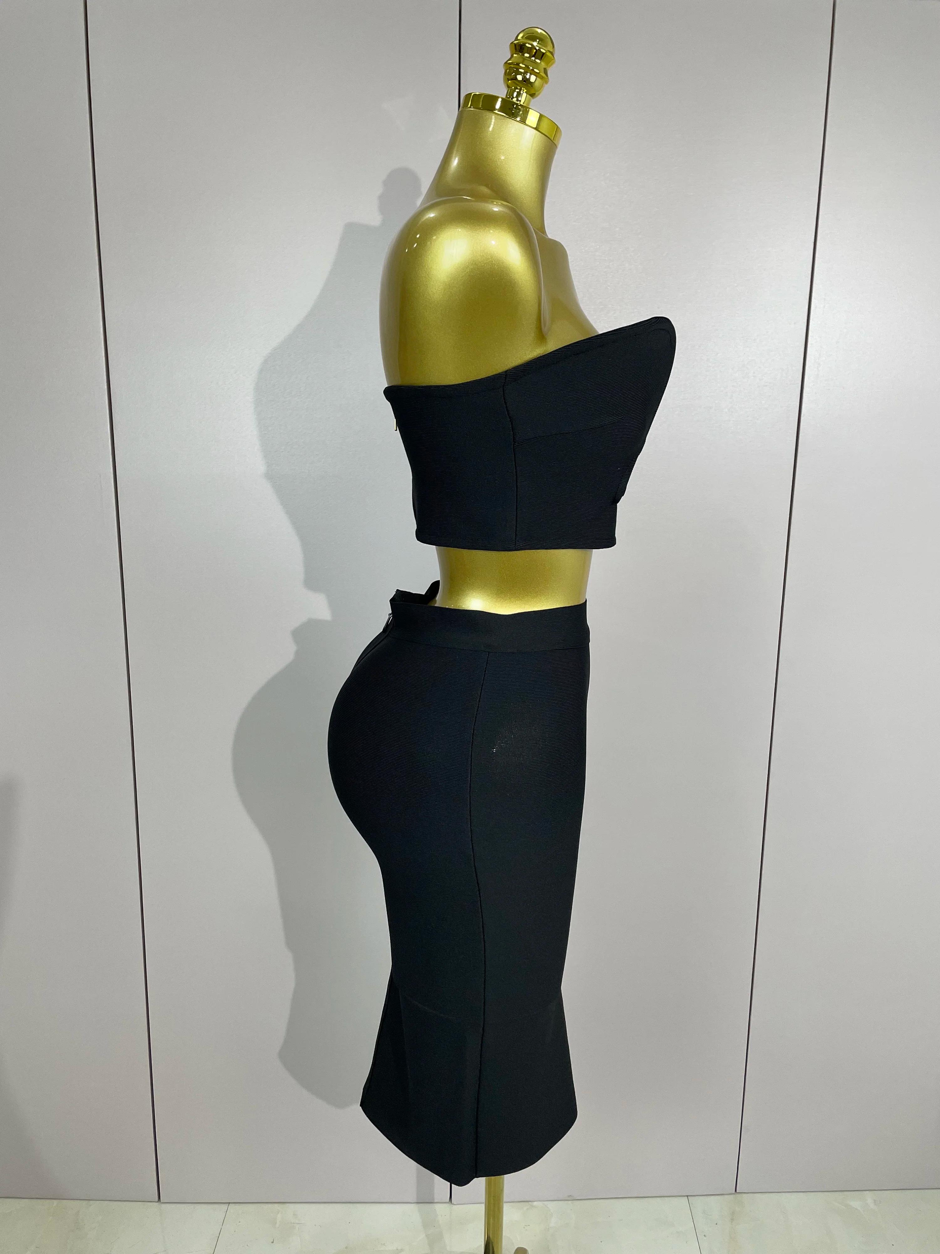 2025 Femmes Sexy Bretelles Dos Nu Noir Bandage Deux Pièces Costume Célébrité Designer De Mode Robe D