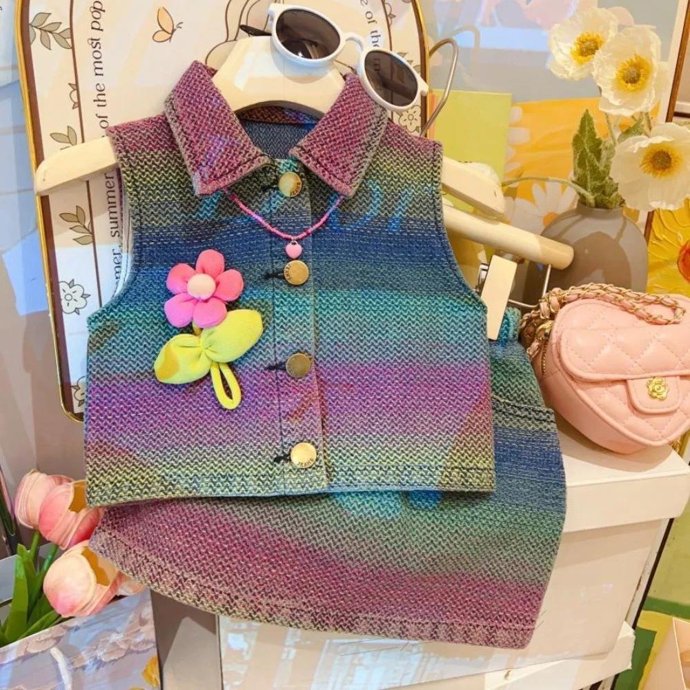 Ensemble deux pièces pour fille, couleur dégradée, avec revers, sans manches, décoration tournesol 3