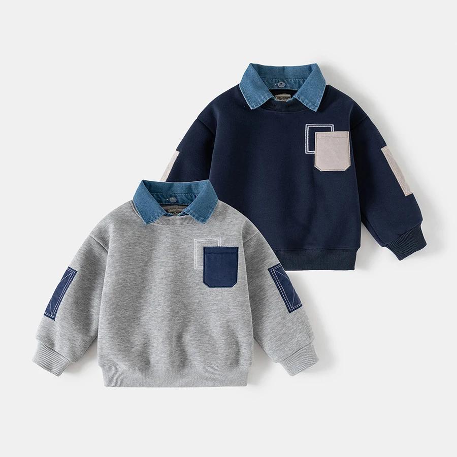 Sweat-shirt pour enfants printemps, pull en molleton à col en jean pour garçons avec poche plaquée, 