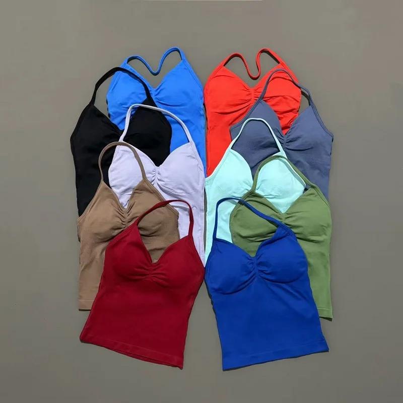 Hauts de sport pour femmes, débardeur de Yoga sans couture avec coussinets amovibles, col en V, haut