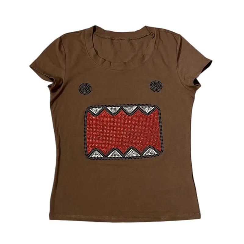 2025 été nouvelles femmes Y2K fille rétro chaud Fix strass Application col rond haut T-shirt drôle V