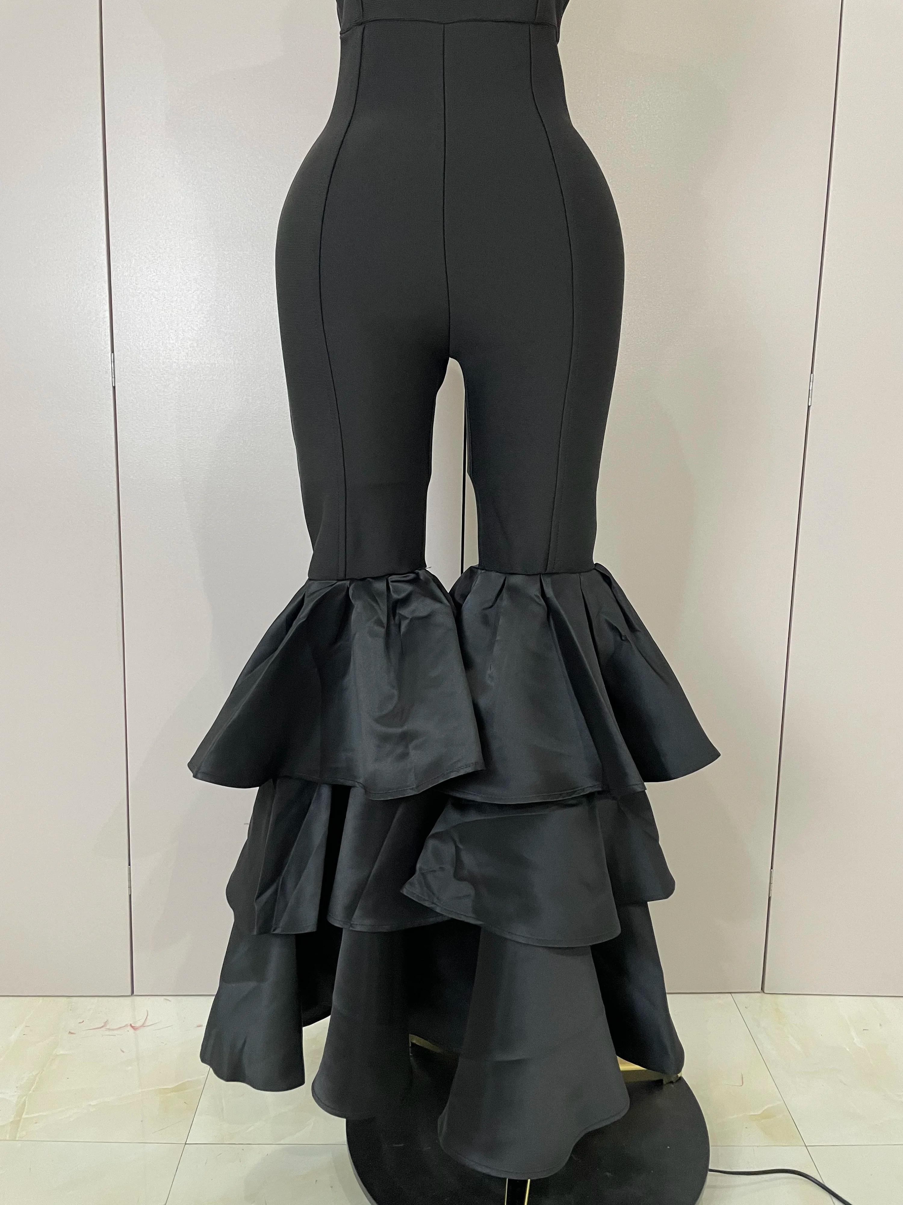 Luxe anniversaire Sexy bretelles noir volants moulante Flare Bandage combinaison 2025 femmes célébri