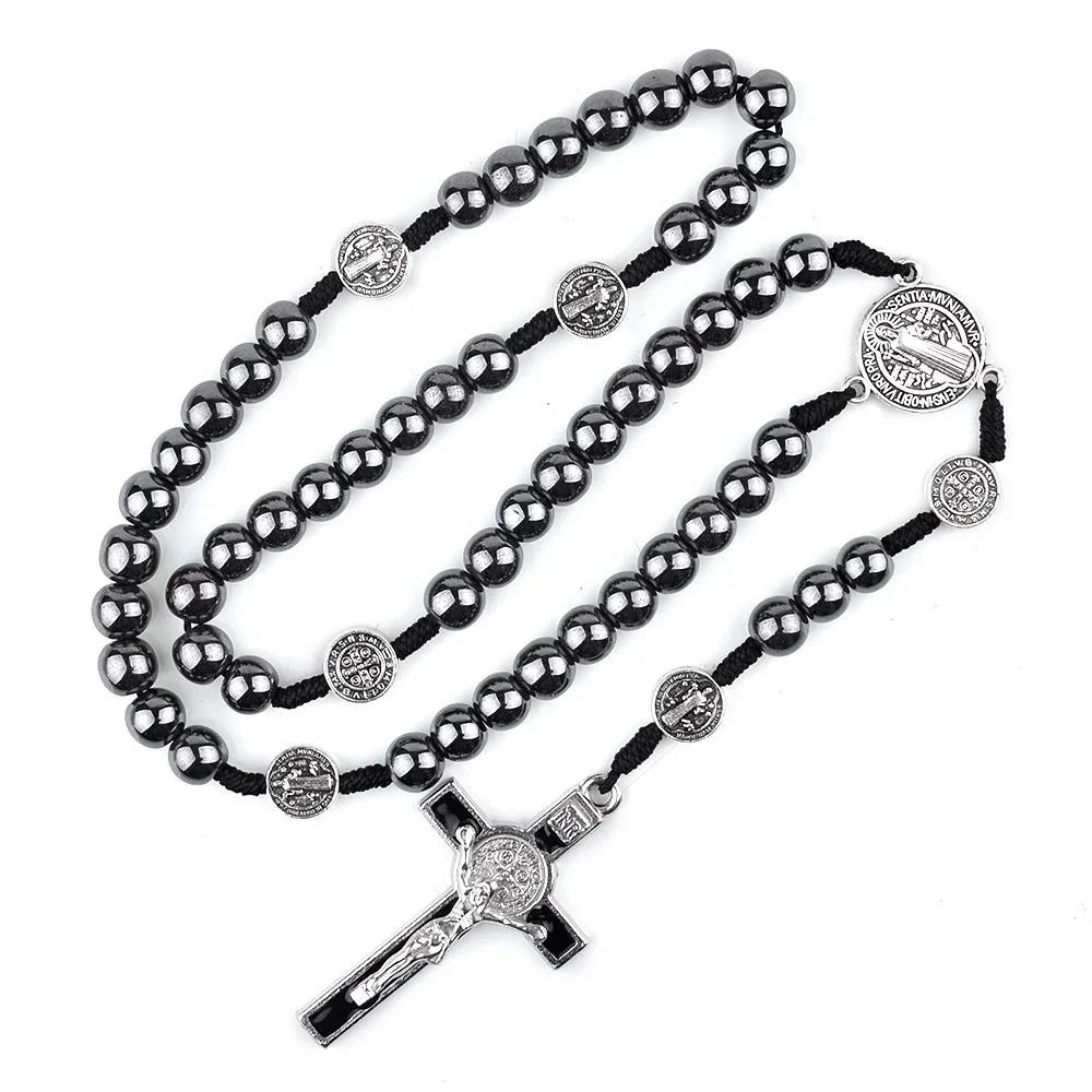 Chapelet catholique, ornement de voiture, perle d'hématite noire, médaille de Saint benoît, croix de