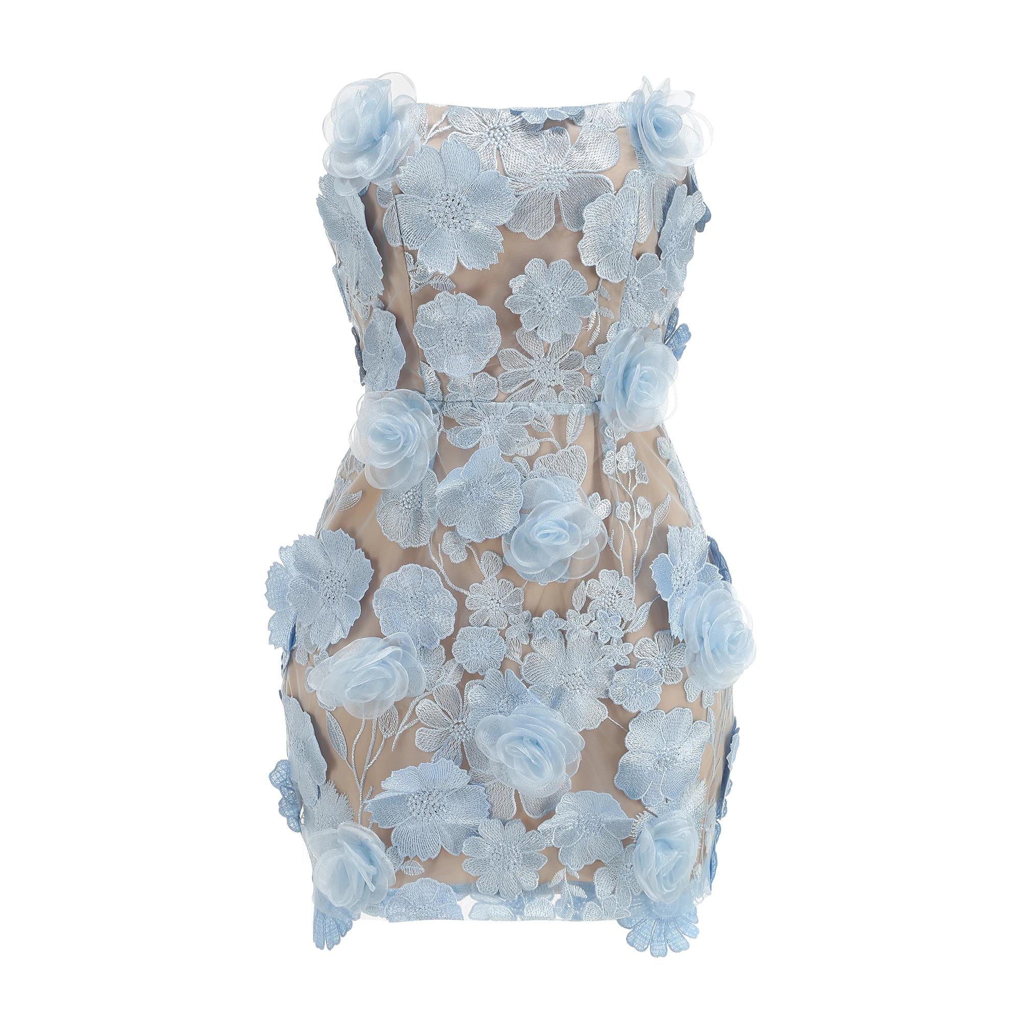 Nouvelle robe sexy sans bretelles à fleurs brodées, robe de soirée réglable avec cravate au dos pour