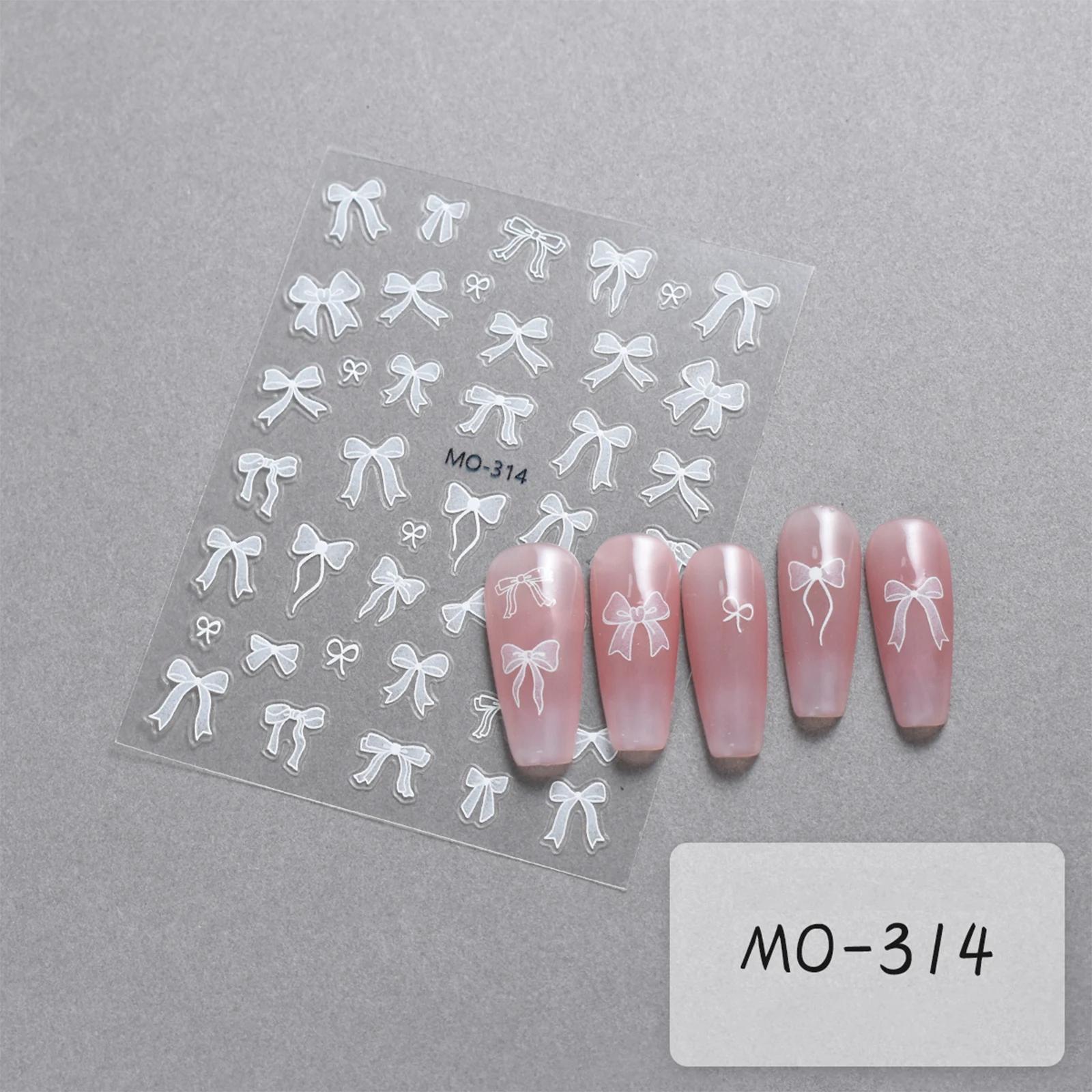 Autocollants pour ongles à nœud papillon, ruban blanc en Relief 3D, mignon, rose doux, autocollants 
