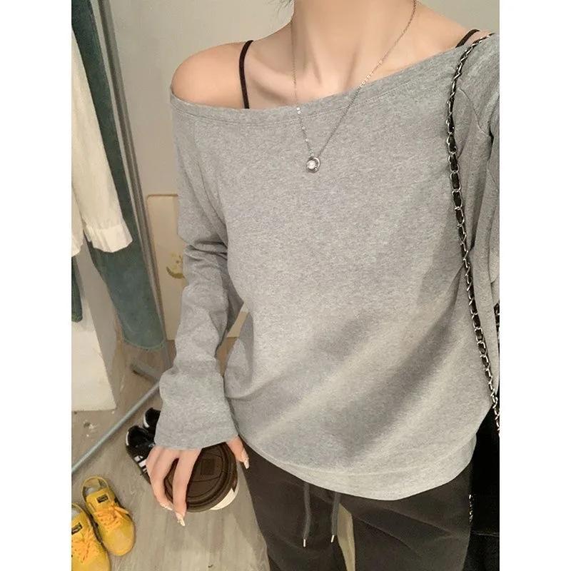 Chemise asymétrique épaule dénudée en coton, manches longues, épaules inclinées, Style de vêtements 