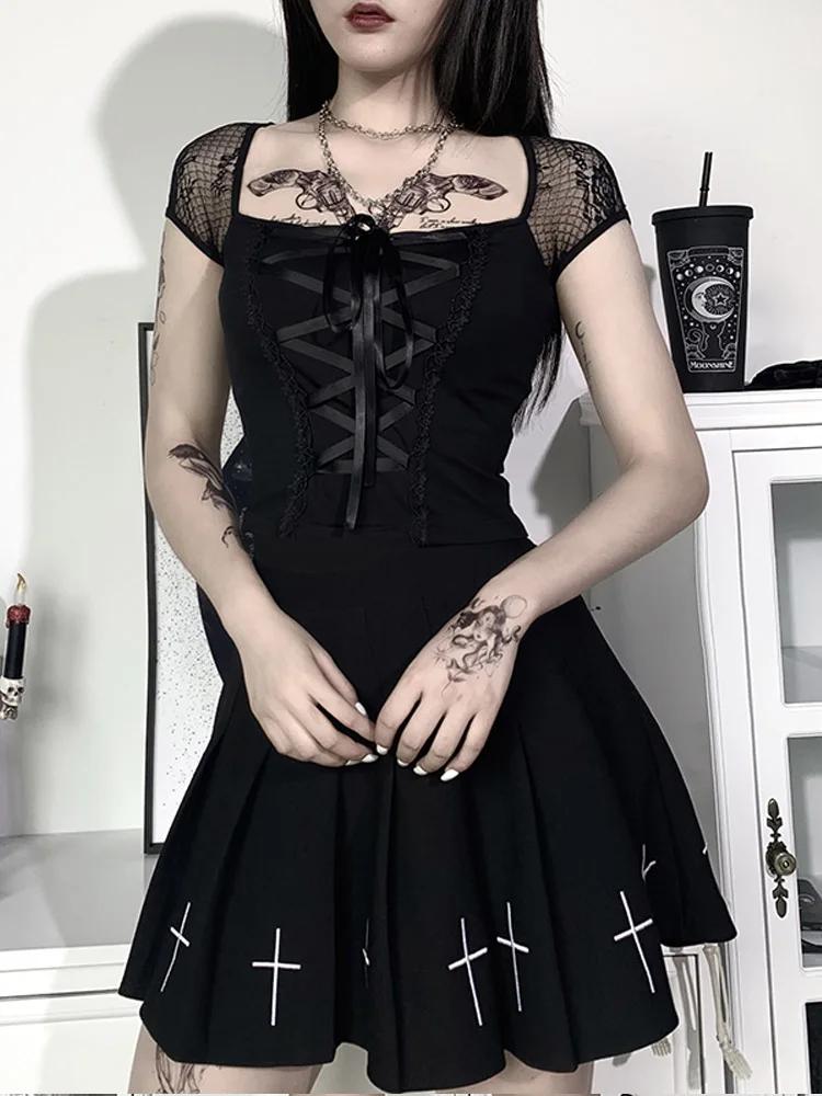 Vintage hauts Goth T-shirt femmes moulante pansement dentelle noir T-shirts gothique Streetwear Sexy