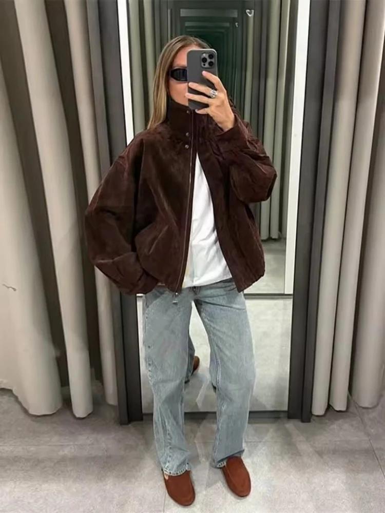 2025 hiver Vintage marron daim vestes amples femmes décontracté col montant poche épais manteau auto