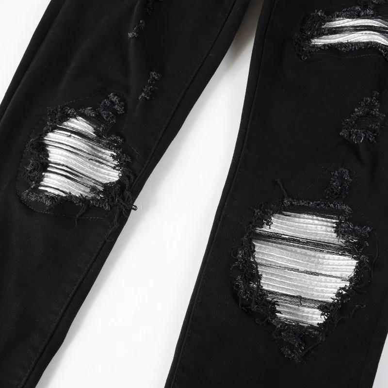 Jean de motard en cuir fissuré pour homme, pantalon en Denim Stretch, effilé, déchiré, Patchwork noi