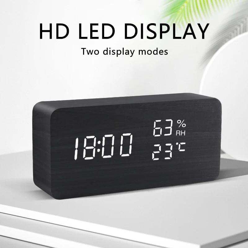 Réveil LED montre en bois Table commande vocale numérique bois Despertador USB/AAA alimenté horloges