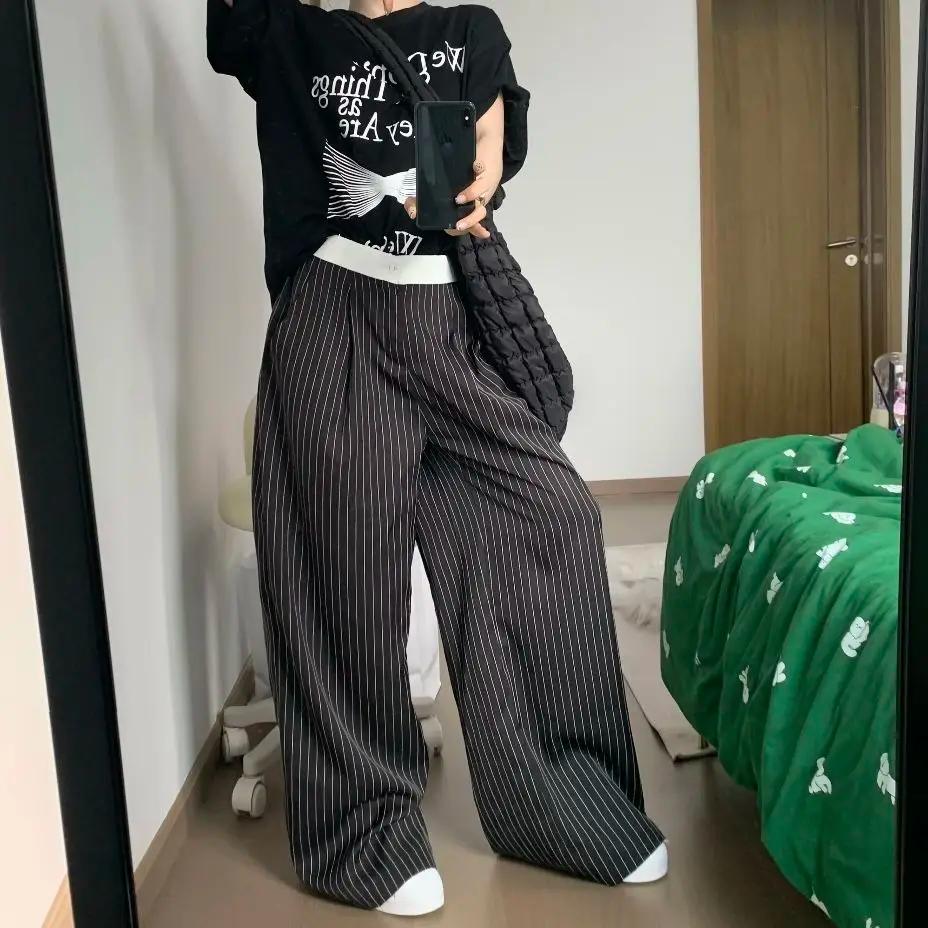 2025 printemps décontracté rayé imprimé taille haute jambe large Patchwork pantalon femmes Baggy mod