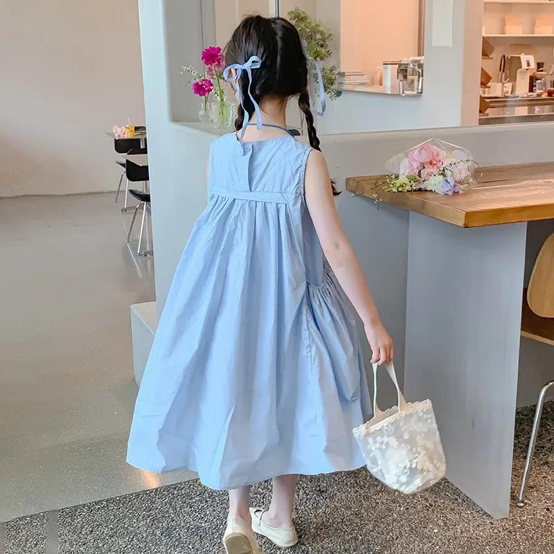 Robe d'été sans manches pour filles de 2 à 10 ans, couleur unie, grandes poches latérales, bleue, fr