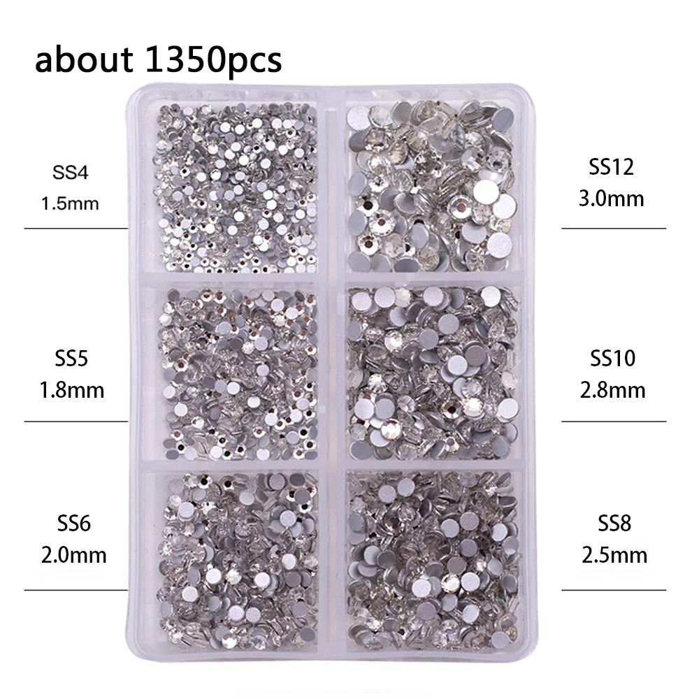1 boîte de Strass pour ongles en cristal AB multi-tailles, pierres précieuses en diamant clair à fon