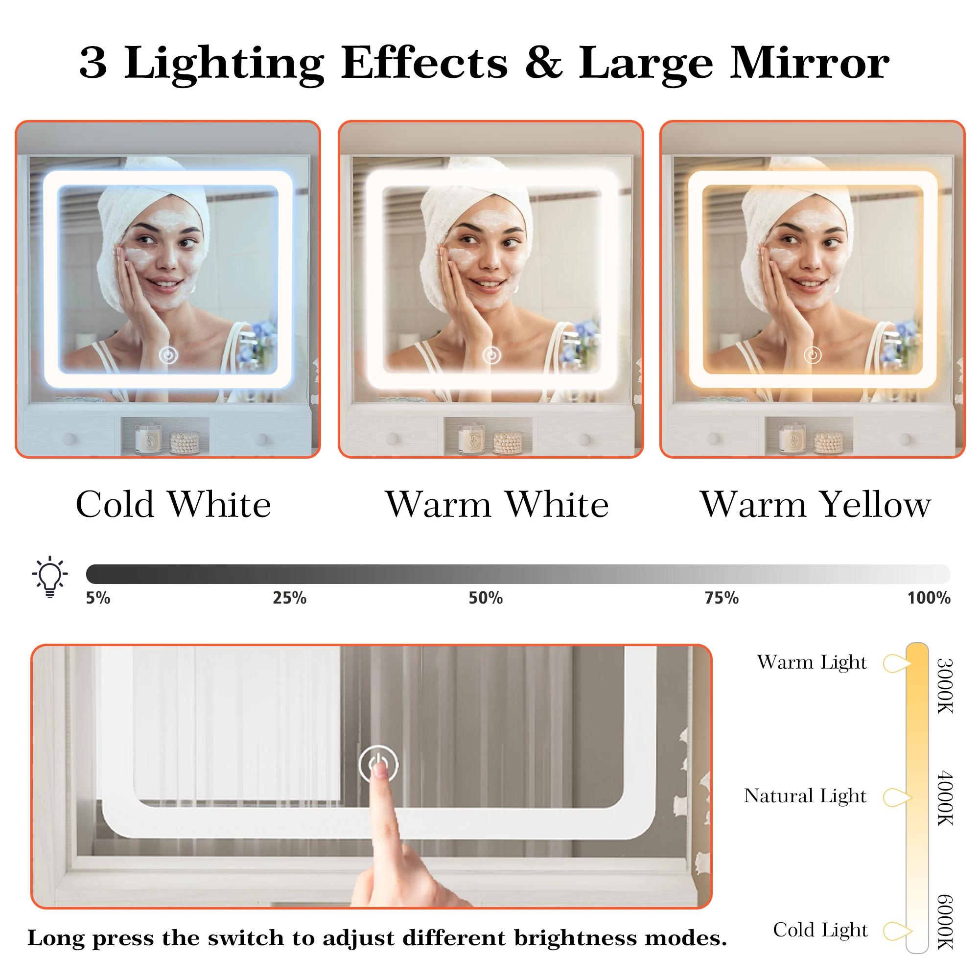 LIKIMIO-Bureau de courtoisie avec miroir 4.2 par LED, prise de courant et armoire, tabouret de range