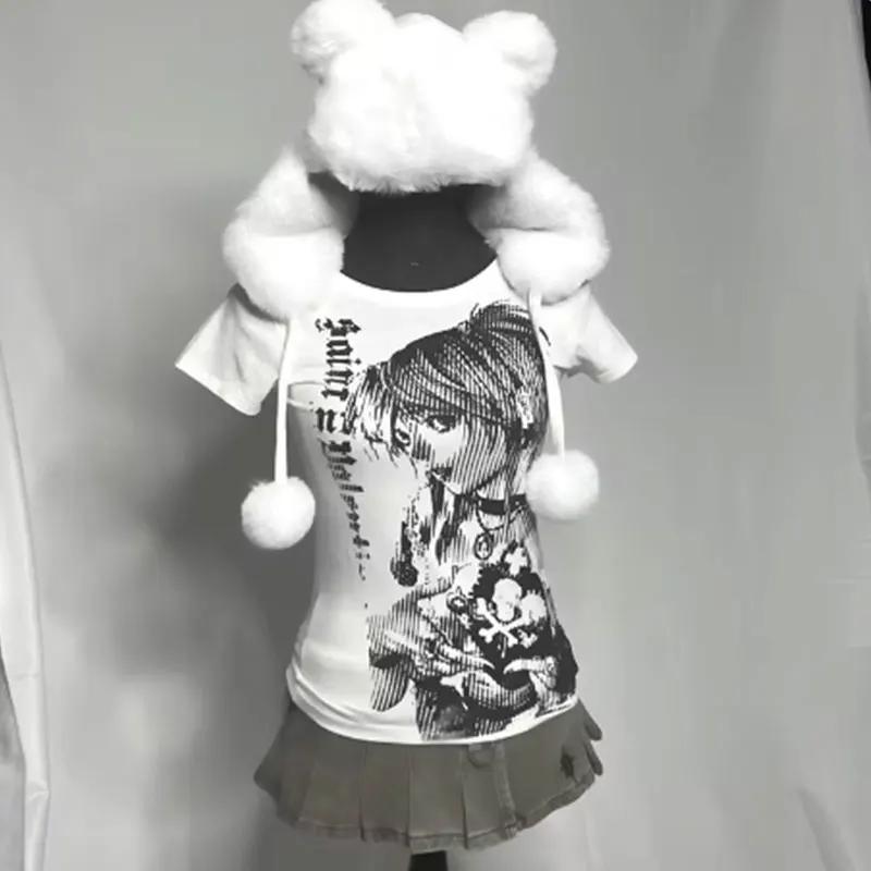 Y2k anime Streetwear col rond 90s texte impression hauts femmes Harajuku vêtements Simple Vintage T-