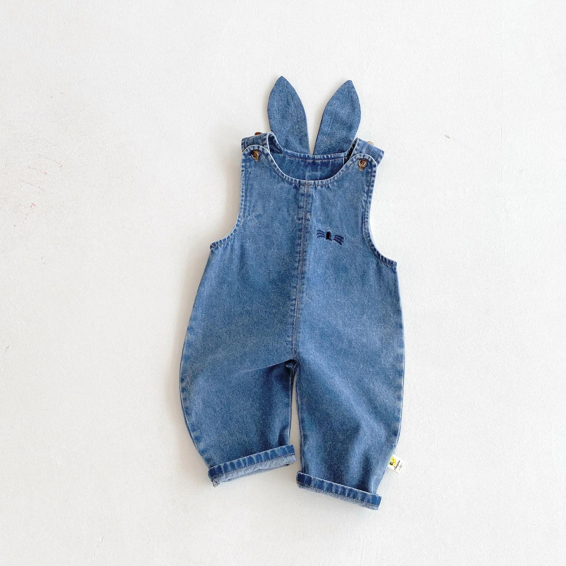 Salopette en jean pour bébé, automne et hiver, avec oreilles de lapin, pantalons longs mignons et pa