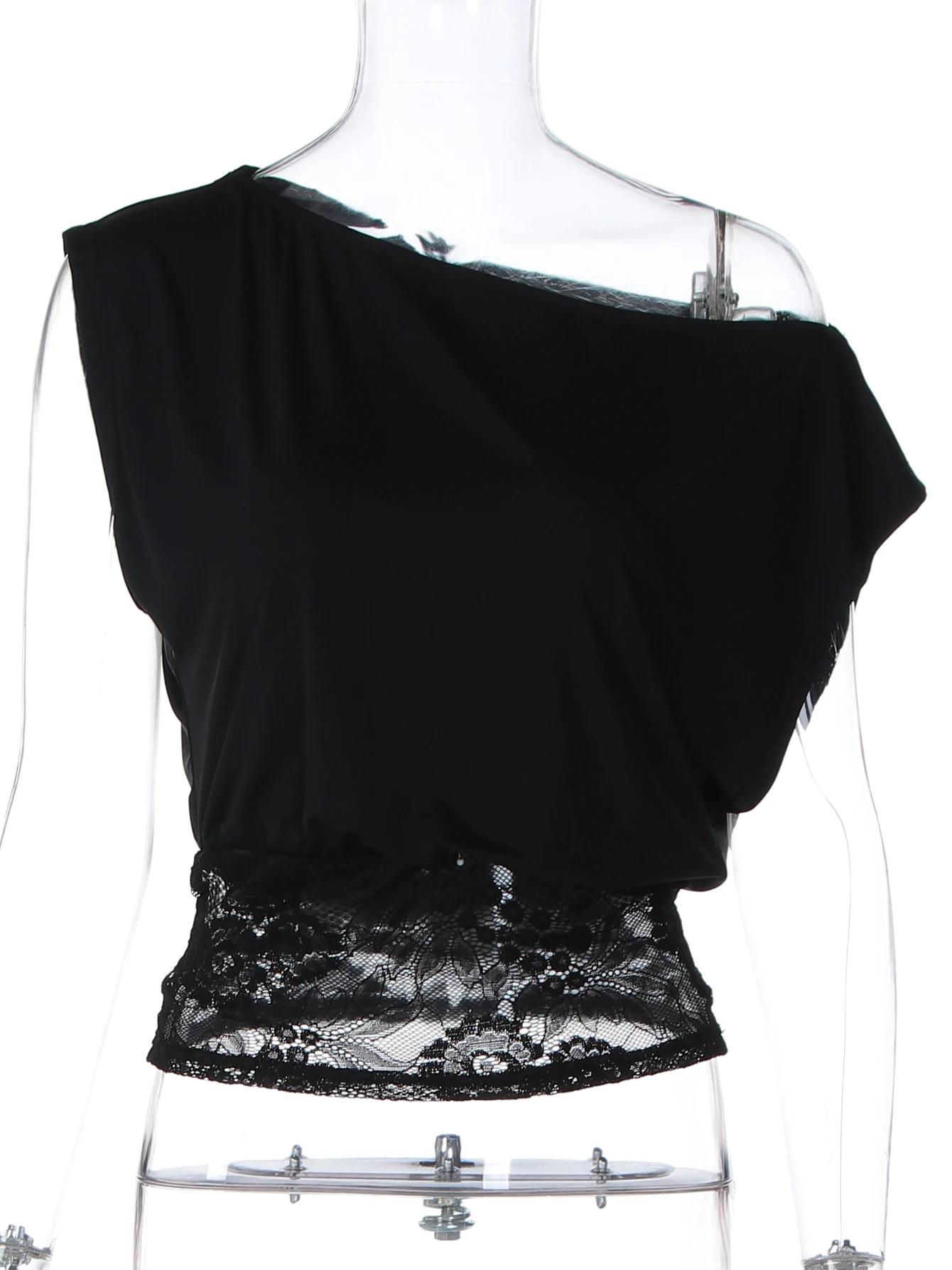 Dulzura été mode Sexy épaule inclinée dentelle voir à travers Patchwork T-Shirt femmes solide décont