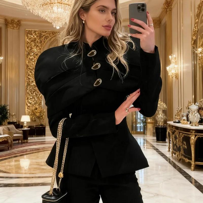 Trendix noir élégant Blazer pour femmes 2025 automne mode boutons dorés Patchwork veste manteau fête
