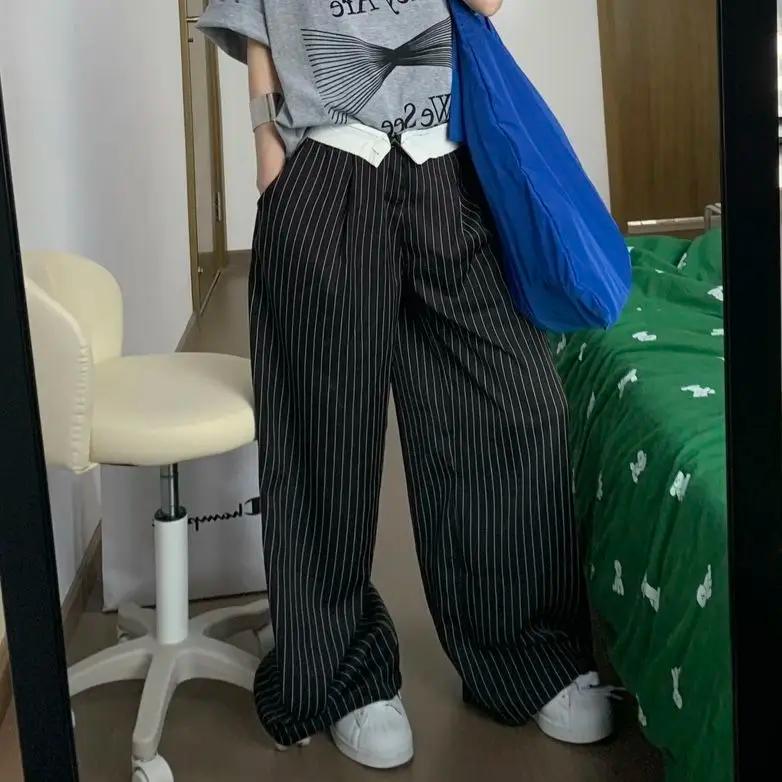 2025 printemps décontracté rayé imprimé taille haute jambe large Patchwork pantalon femmes Baggy mod