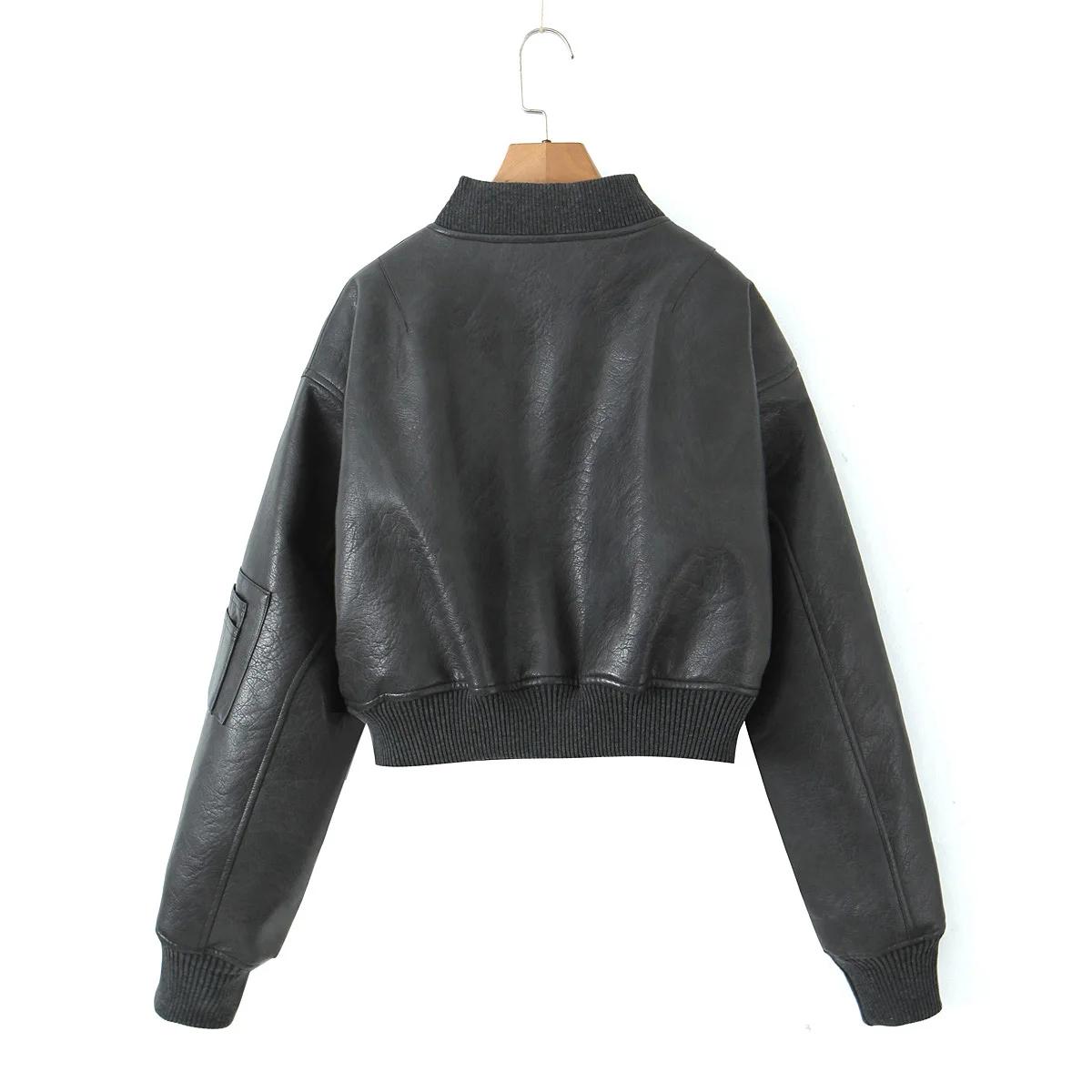 Y2K-Blouson en Cuir PU pour Femme, Col en V Côtelé, Manches sulf, Fermeture Éclair, Manteau Matelass