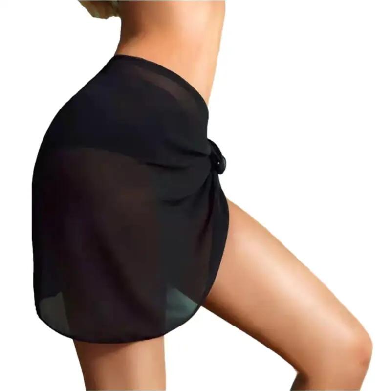 Été femmes 50x180 cm noir Sheer Sarong plage couvrir Bikini Wrap maillot de bain double usage maillo