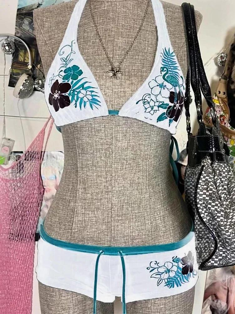 Vintage fleur imprimé Cutie ensemble Bikini 2000s maillot de bain Sexy femmes bain mode licou maillo