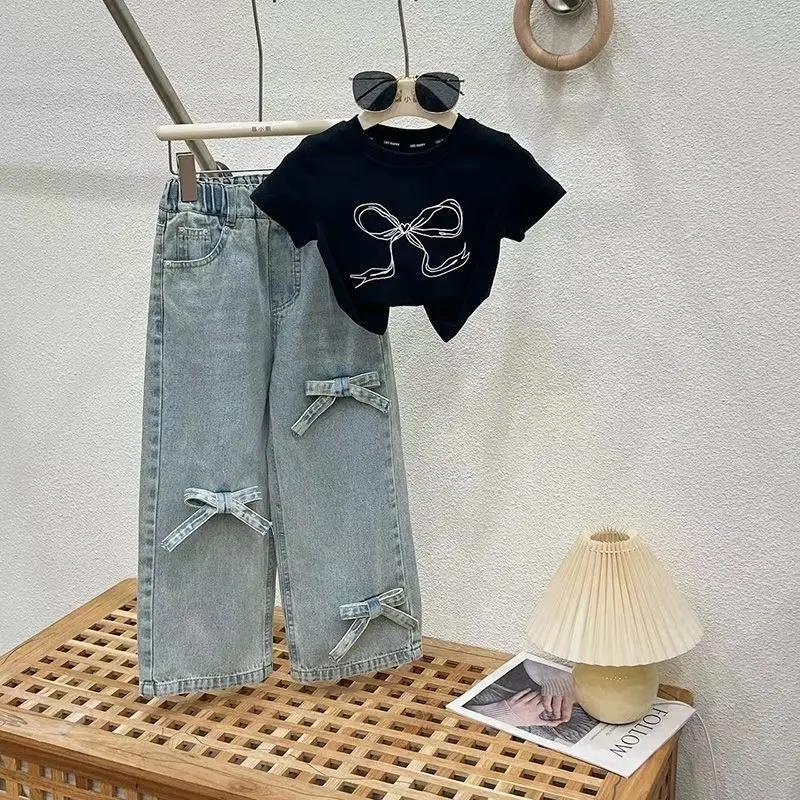 Ensemble d'été fin pour filles, jean à jambes larges et t-shirt pour adolescentes, ensemble de vêtem