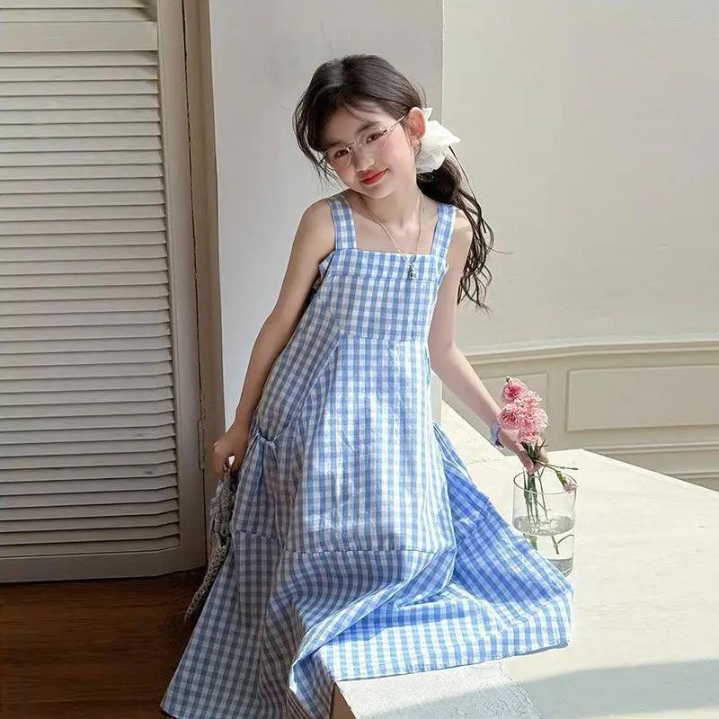 UNITIM – robe d'été sans manches pour filles, en coton, à carreaux bleus, pour enfants de 4 à 14 ans