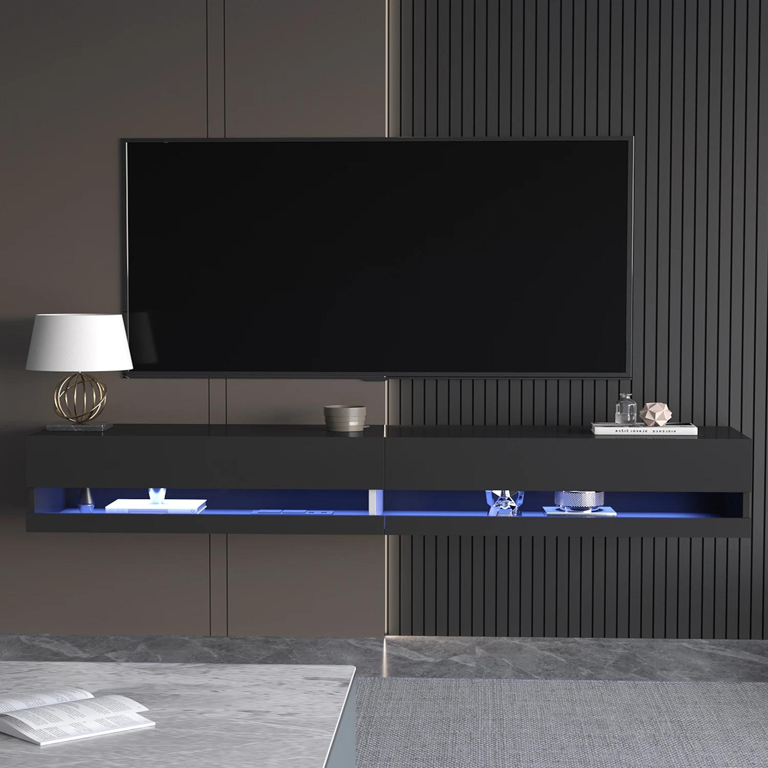 Support TV flottant pour TV 75/80 ", support TV mural LED avec prises de courant, console multimédia
