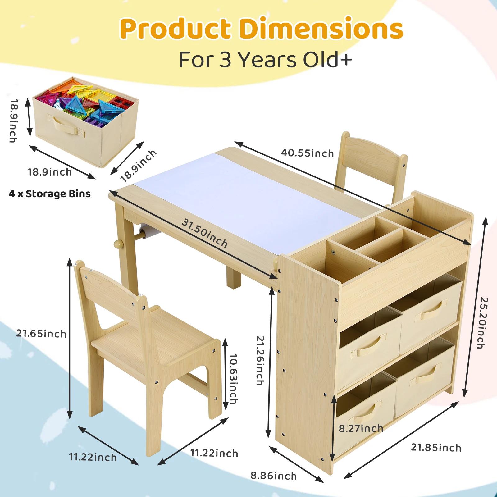 AOOU-Table d'Art et 2 Chaises pour Enfant, Bureau de Dessin Artisanal avec Grandes Étagères de Range