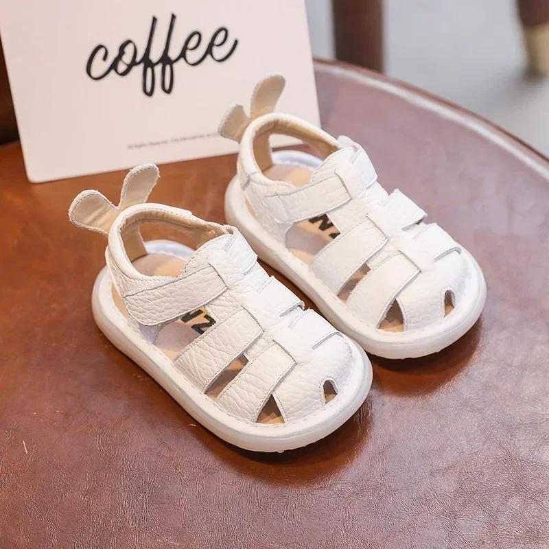 Sandales d'été anti-collision en cuir véritable pour bébé fille et garçon, chaussures de plage soupl