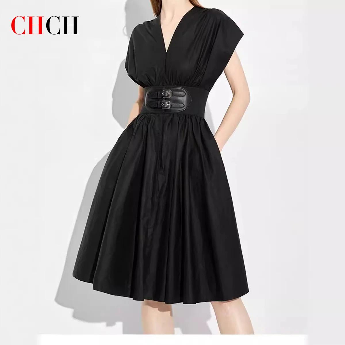 CHCH – robe longue pour femmes, col en v, sans manches, taille haute, Slim, noire, tenue de fête d'a