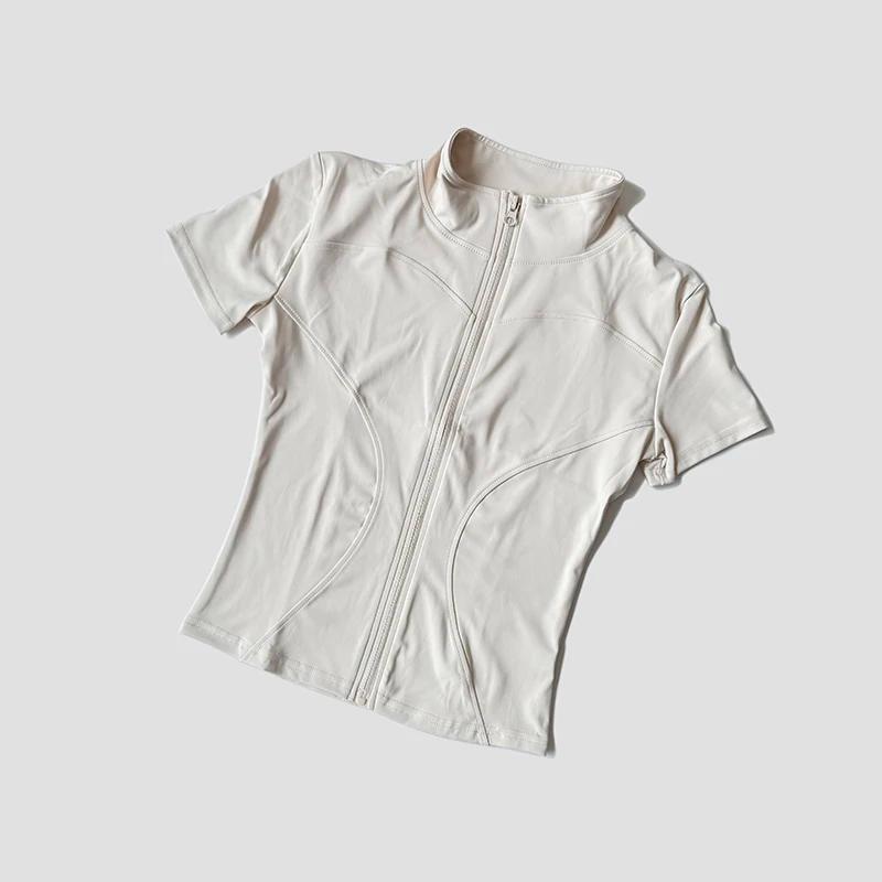 Chemise de Yoga à manches courtes pour femmes, coupe cintrée, col montant, veste à fermeture éclair,