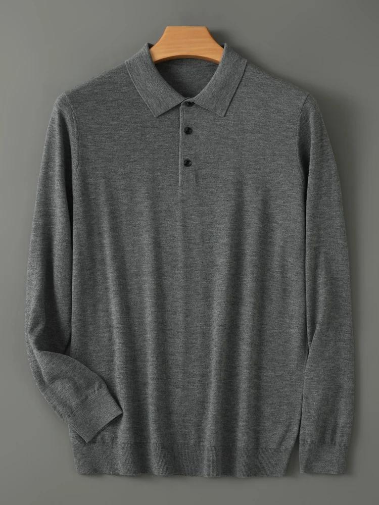 Printemps automne hommes chemise mérinos peigné laine tricoté pull à manches longues col Polo vêteme