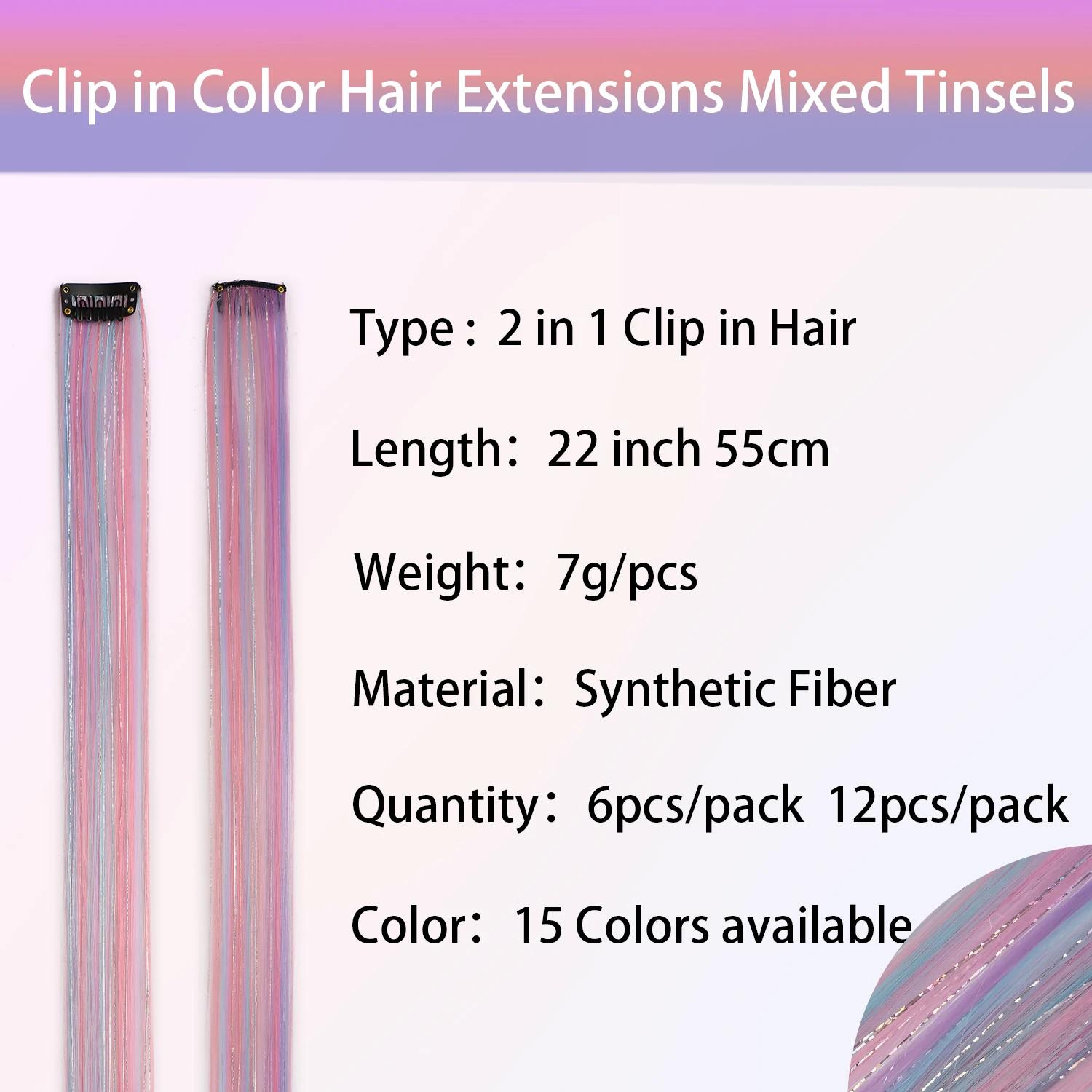 Extensions de cheveux synthétiques à clips licorne colorées, tinsels argentés mélangés, arc-en-ciel,
