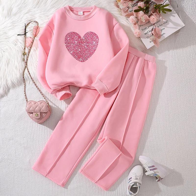 Ensemble de vêtements chauds pour enfants, couleur unie, imprimé cœur, haut et pantalon, sport décon