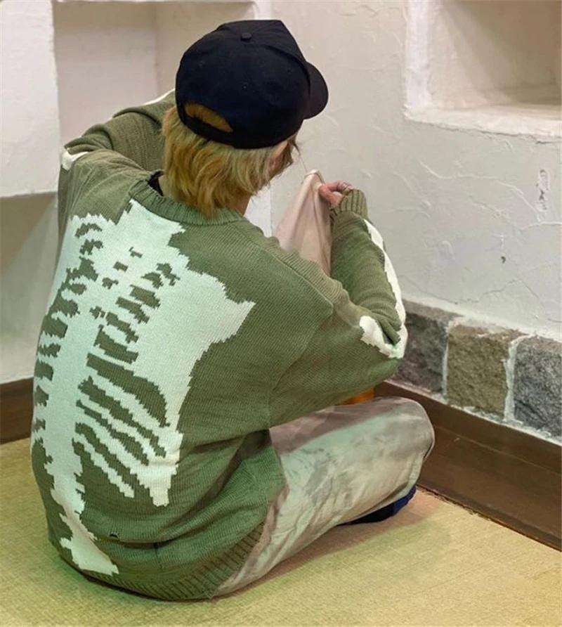 Japon KAPITAL derrière les os trou de squelette vert rétro pull en tricot pull ample pull à manches 